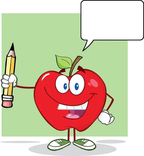 Red Apple Holding Up A Pencil With Speech Bubble — Stock Photo, Image