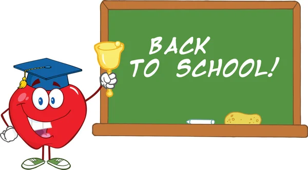 Jabłko charakter dzwonka z powrotem do szkoły przed tablica z tekstem — Zdjęcie stockowe