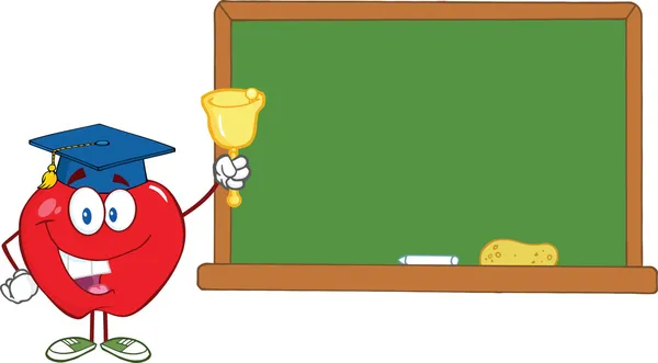 Personagem de maçã tocando um sino para voltar para a escola na frente do quadro — Fotografia de Stock