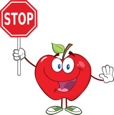 Dur işaretini tutan apple çizgi film karakteri