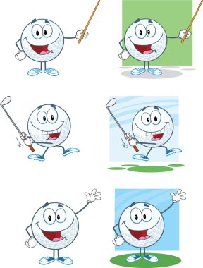 Golf Balls Cartoon Character With Background Different Poses Collection