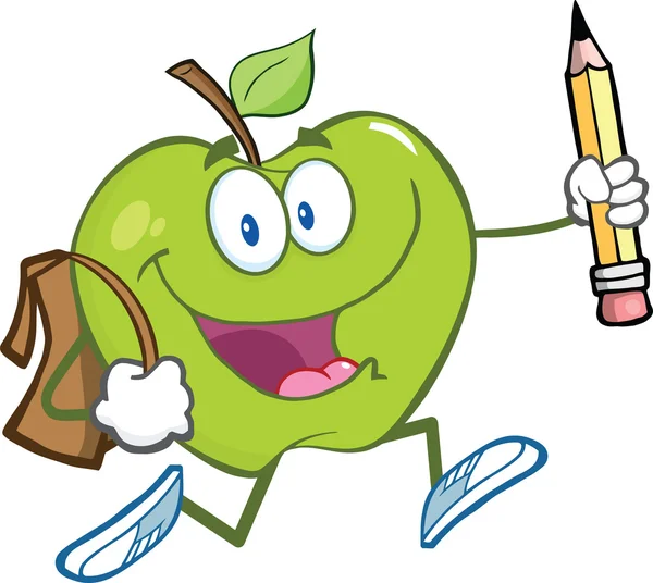 Zielone jabłko postać tornister i ołówek idzie do szkoły — Zdjęcie stockowe
