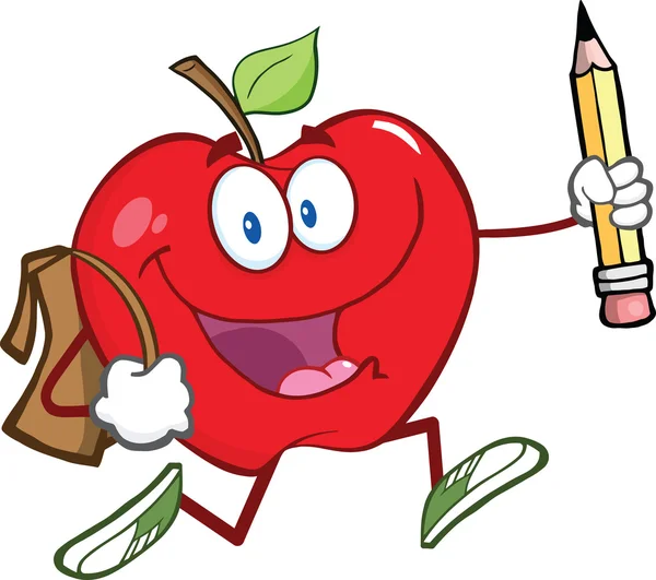 学校のバッグや鉛筆を持つ赤いリンゴ文字は学校へ行く — ストック写真