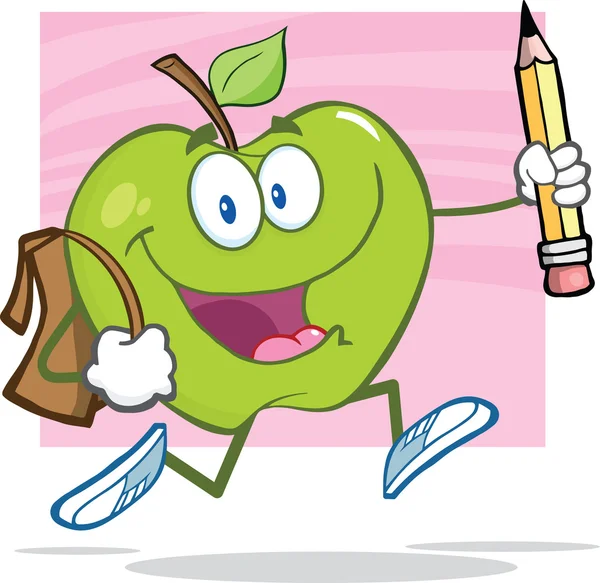 Zielone Jabłuszko z tornister i ołówek idzie do szkoły — Zdjęcie stockowe