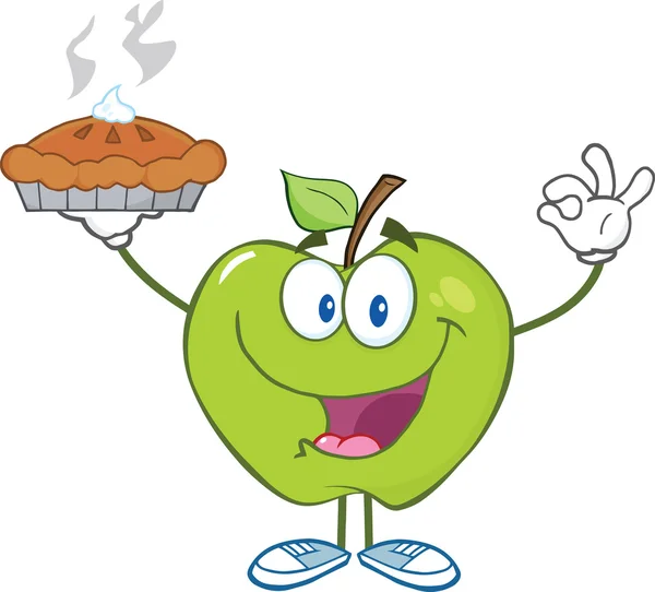 Green Apple Character Holding Up A Pie — Stock Photo, Image
