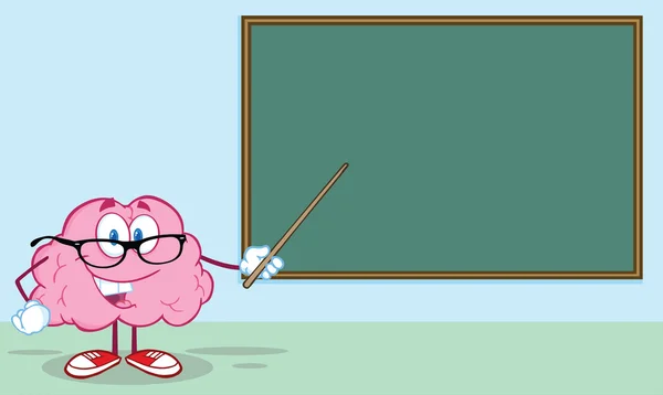 Brain Teacher Character With A Pointer In Front Of Chalkboard — Stock Photo, Image