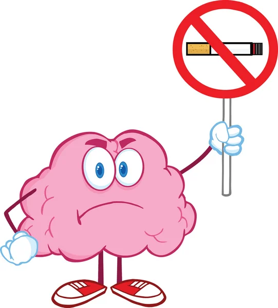 Gehirn-Cartoon-Figur hält ein Rauchverbot-Schild hoch — Stockfoto