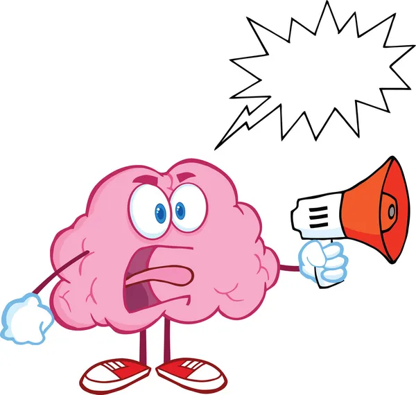 Brain Character Screaming into Megaphone with Speech Bubble — стоковое фото