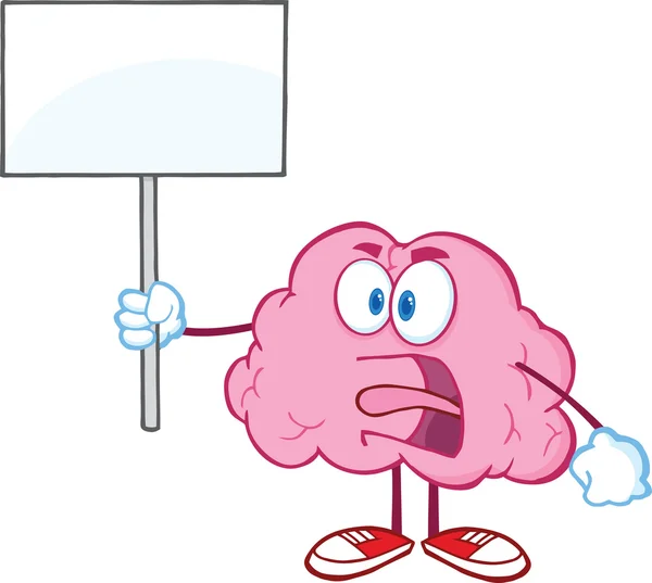 Angry Brain Character Screaming And Holding Up A Blank Sign — Stock Photo, Image