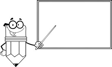 gülümseyen kalem öğretmen önünde chalkboard işaretçiyi ile özetlenen