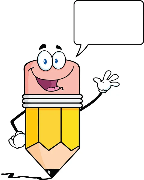 Pencil Character Waving For Greeting With Speech Bubble — Stock Photo, Image