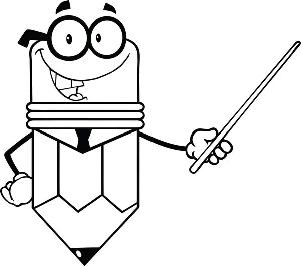 Outlined Business Pencil Cartoon Character Holding A Pointer — Stock Photo, Image