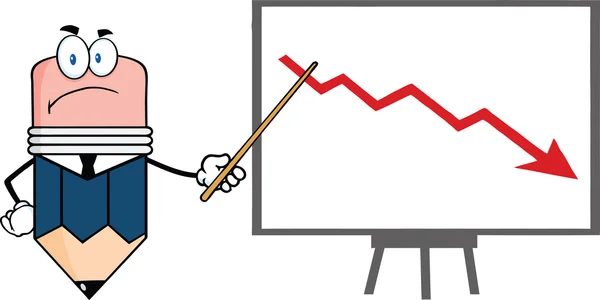 Grumpy Business Pencil Character With Pointer Presenting A Falling Arrow — Stock Photo, Image