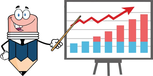 Επιχειρηματικό χαρακτήρα μολύβι με δείκτη παρουσιάζοντας ένα προοδευτικό γράφημα — Φωτογραφία Αρχείου