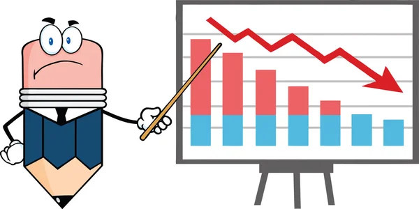 Carácter gruñón del lápiz del negocio con el puntero que presenta un gráfico que cae — Foto de Stock