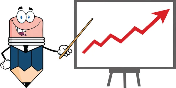 Business Pencil Character With Pointer Presenting A Progressive Arrow — Stock Photo, Image