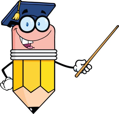 Lisansüstü şapka tutan bir işaretçi kalem öğretmen gülümseyen