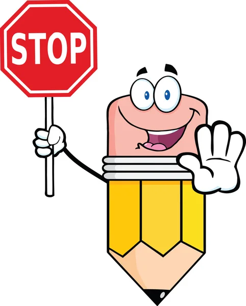 Pencil Cartoon Character Holding A Stop Sign — Stock Photo, Image