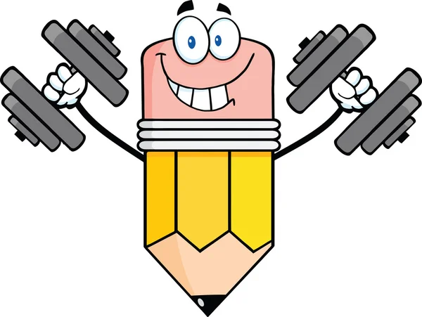 Smiling Pencil Character Training With Dumbbells — Stock Photo, Image