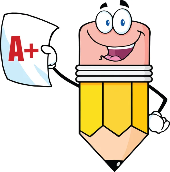 Smiling Pencil Holding An A Plus Report Card — Stock Photo, Image