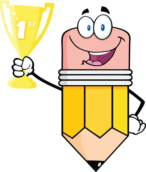 Happy Pencil Holding Trophy Cup — Zdjęcie stockowe