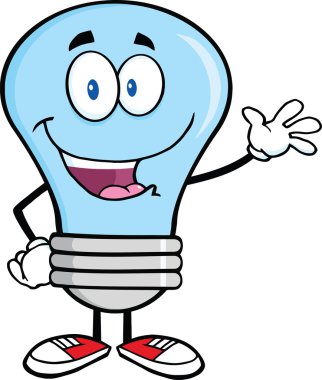 Mavi ampul karakter için tebrik sallayarak