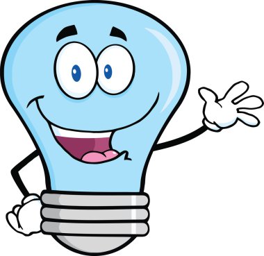 Mavi ampul çizgi film karakteri için tebrik sallayarak