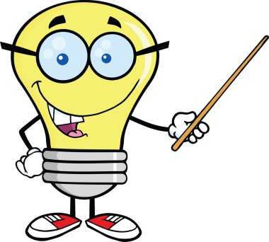 bombilla personaje con gafas sosteniendo un puntero