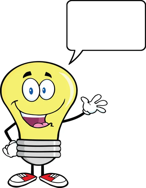 Light Bulb Cartoon Character Waving For Greeting With Speech Bubble — Stock Photo, Image