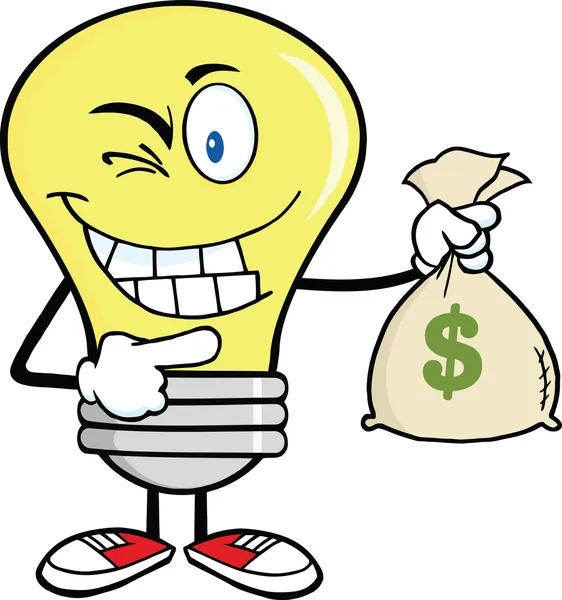Light Bulb Cartoon Character Holding A Bag Of Money