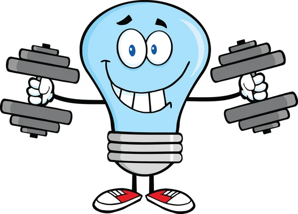 ダンベルの笑みを浮かべて青い電球文字トレーニング — ストック写真