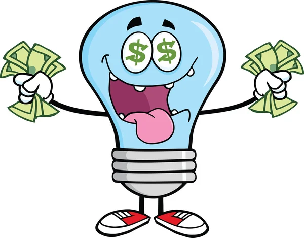Money Loving Blue Light Bulb Character — Stock Photo, Image