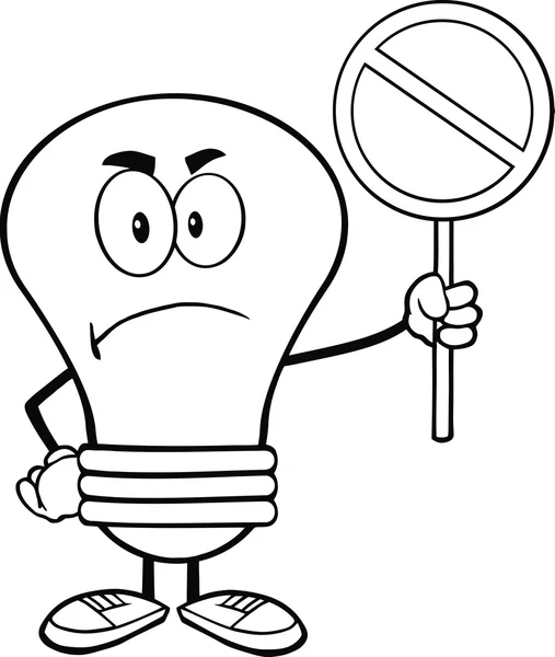 Outlined Angry Light Bulb Character Holding up A Red Forbidden Sign — Stock Photo, Image