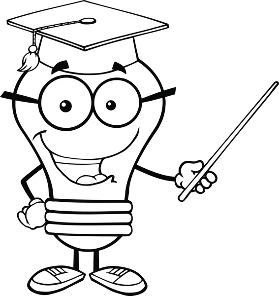 Outlined Smiling Light Bulb Teacher Character With A Pointer — Stock Photo, Image
