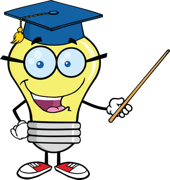 Smiling Light Bulb Teacher Character With A Pointer — Stock Photo, Image