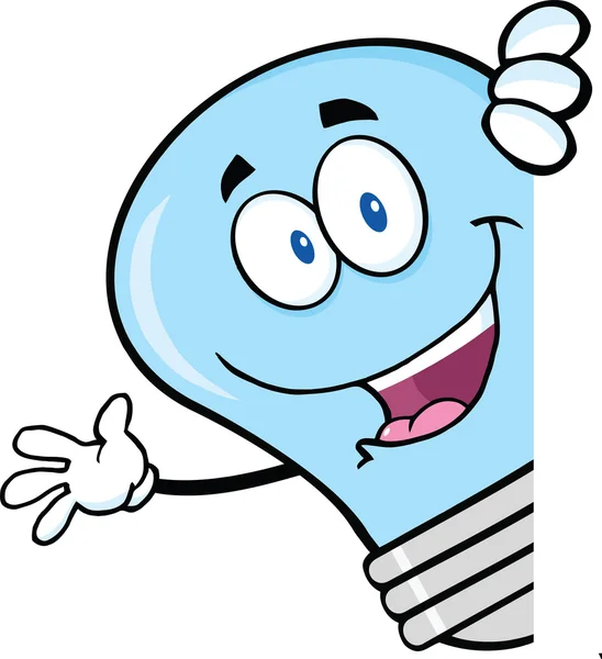 Blue Light Bulb Character Waving Behind A Sign — Stock Photo, Image