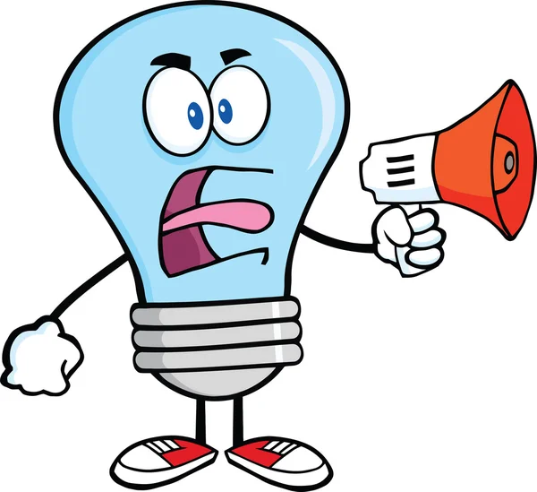 Angry Blue Light Bulb Character Screaming Into Megaphone — Stock Photo, Image