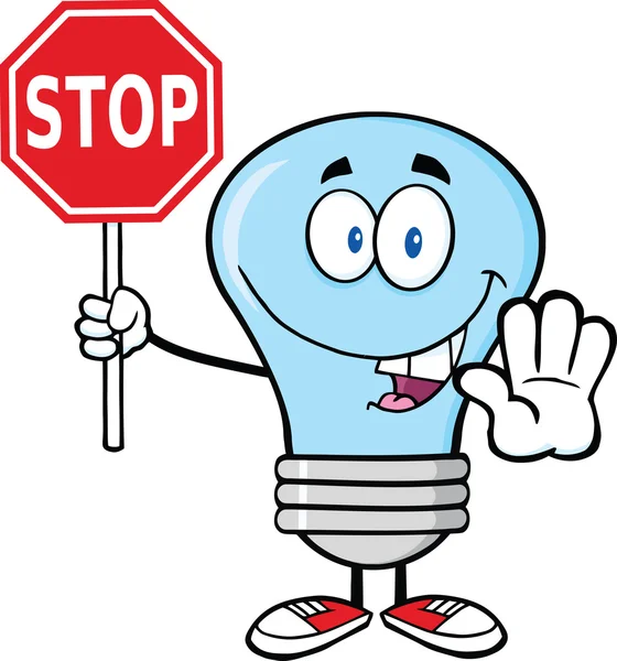 Blue Light Bulb Character Holding A Stop Sign — Stock Photo, Image