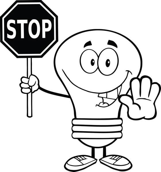 Outlined Light Bulb Character Holding A Stop Sign