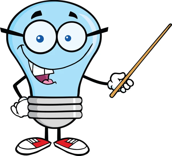 Blue Light Bulb Character With Glasses Holding A Pointer — Stock Photo, Image