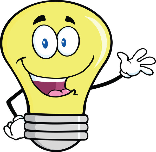 Характер мультфильма "Лампочка" машет для приветствия
