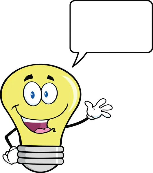 Light Bulb Cartoon Character Waving For Greeting With Speech Bubble — Stock Photo, Image