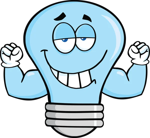 (Inggris) Blue Light Bulb Cartoon Mascot Character With Muscle Arms — Stok Foto