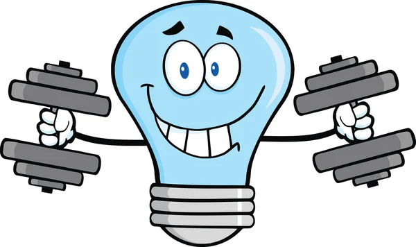 ダンベルの笑みを浮かべて青い電球文字トレーニング — ストック写真
