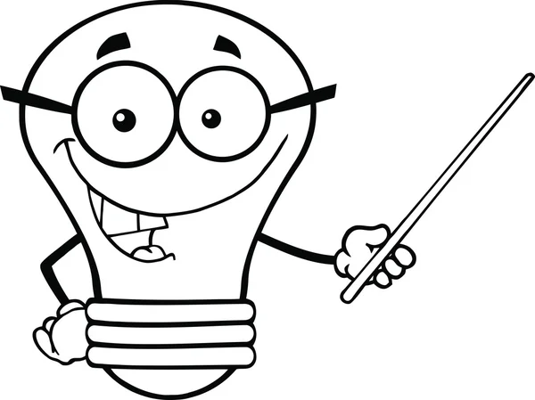 Caráter de lâmpada delineada com óculos segurando um ponteiro — Fotografia de Stock