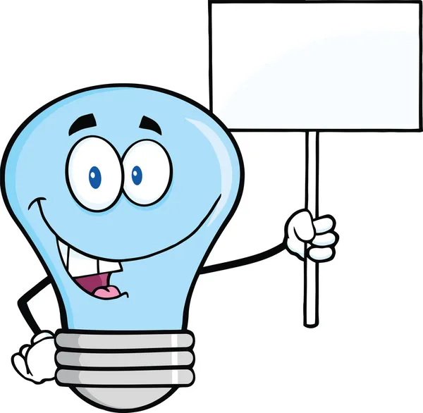 Caráter de lâmpada azul segurando um sinal em branco — Fotografia de Stock
