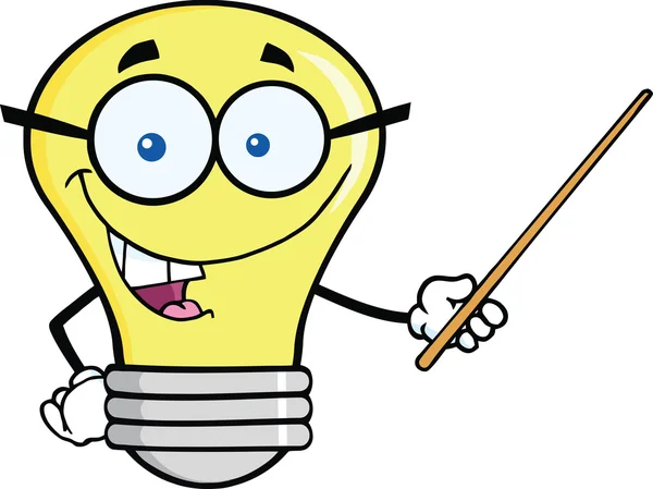 Light Bulb Character With Glasses Holding A Pointer — Stock Photo, Image