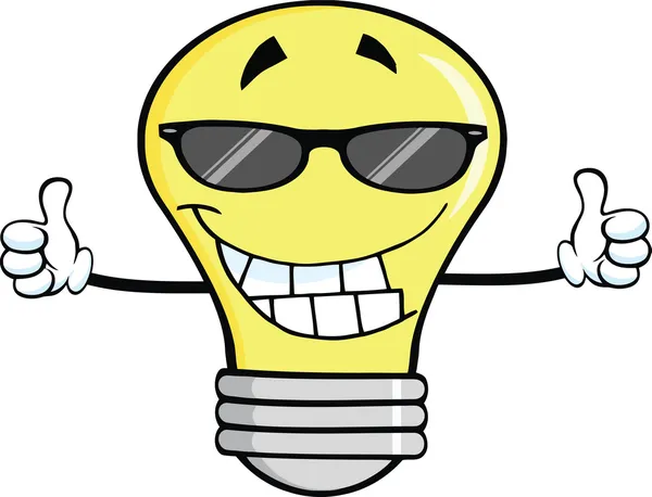 Smiling Light Bulb with Sunglasses Giving A Double Thumbs Up — стоковое фото