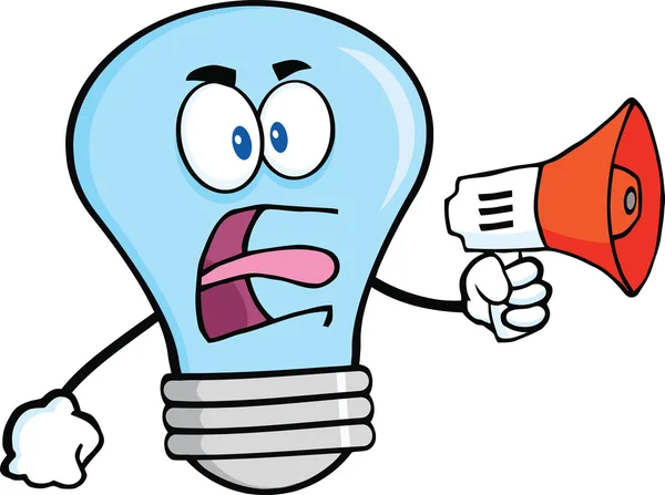 Angry Blue Light Bulb Character Screaming Into Megaphone — Stock Photo, Image