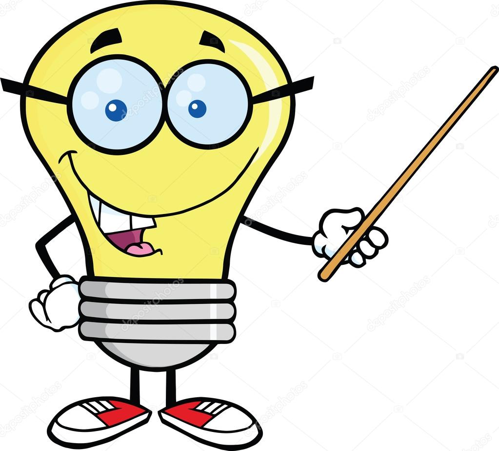 Light Bulb Character With Glasses Holding A Pointer